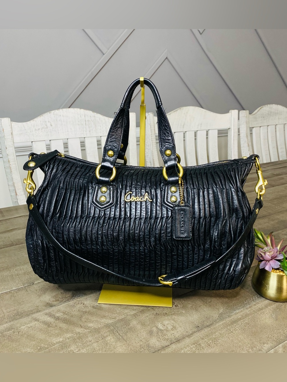 Coach Ashley Black Gathered Leather Satchel Bag F17647 Ruched Gold Hardware
